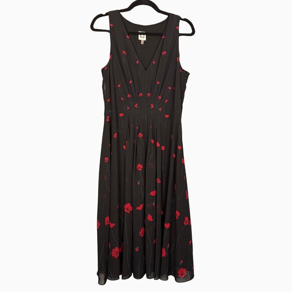 Anne Klein Black Floral Midi Dress Size 12 Sleeveless V Neck Fit Flare - Picture 1 of 5